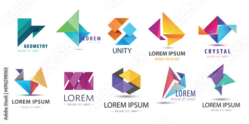 Vector set of abstract logo design, geometric technology icons, business 3d shapes collection. Origami, crystal forms and dual emblems.