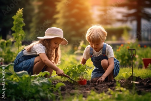 Children plant a plant, seedlings in the garden in the ground. Gardening, children in the garden.