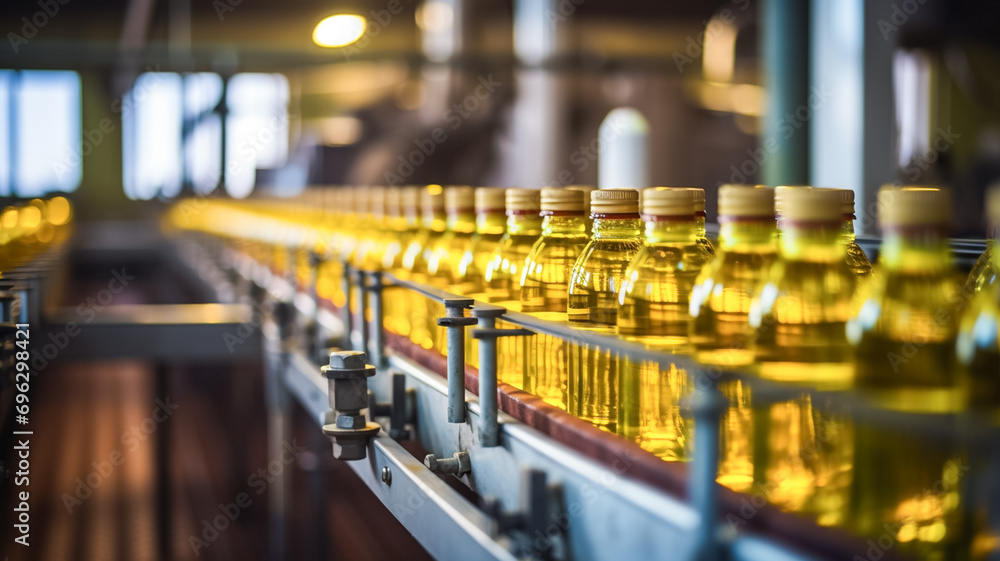 Sunflower oil in the bottle moving on conveyor belt-type line. Sunflower oil production factory.
 - obrazy, fototapety, plakaty 