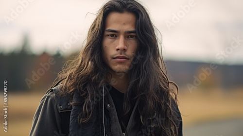 Indigenous native north american man with long hair