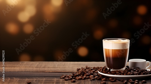 glass of coffee served with coffee beans, on wooden table background, Copy space text image photo