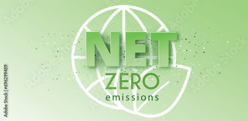 Net zero and carbon neutral concept. Hexagon banner on green background. Net zero greenhouse gas emissions target. Vector illustration.