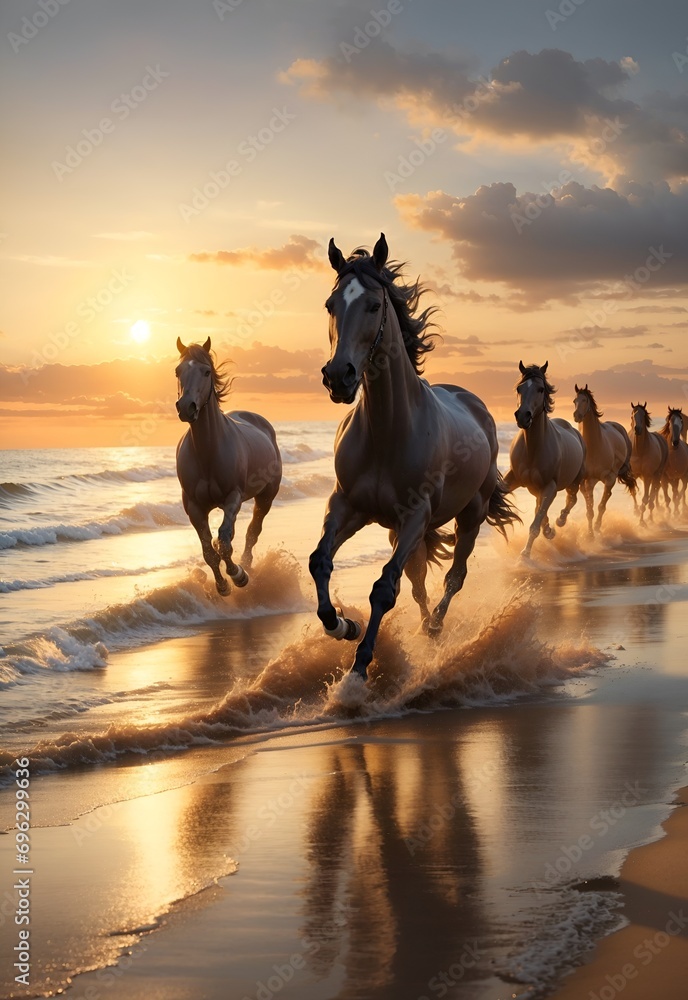 Horses Running Beach Sea Ocean Sundown Sky Nature Wild Horses Running Beach Sea Ocean Sundown Sky Nature Wild