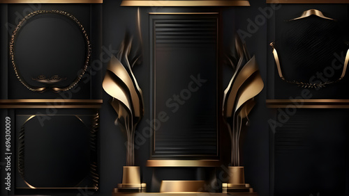 Black Golden Stage Royal Awards Graphics Background. Glowing Lines Elegant Shine Modern Spotlight. Luxury Premium Corporate Template. Abstract trophy Certificate Banner.