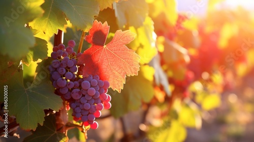 Feel the embrace of fall in the vineyard, where the closeup view of red grapevine leaves captures the essence of the season summer, welcoming the crisp air and the charm of autumn