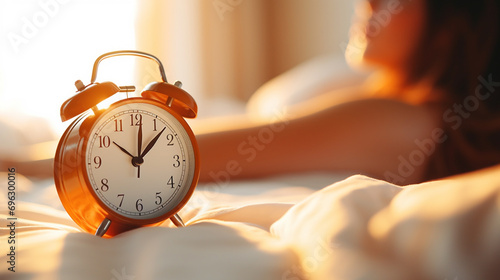 closeup alarm clock on blur woman sleeping on the bed. Generative AI. photo