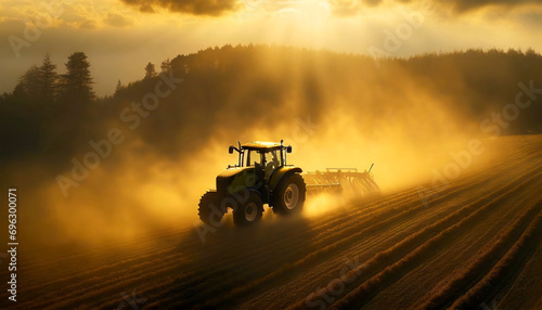 Side view of a tractor with harrow is plowing a field for sowing seeds into purified soil at sunset or sunrise. Generative Ai. photo