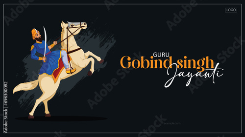 Vector Illustration Guru Gobind Singh ji Jayanti Or Gurupurab with Warrior Horse Editable Website Banner Template  photo