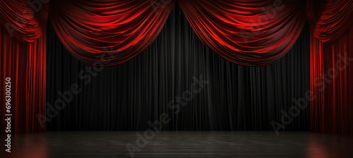 Dramatic Red Theater Curtains on Black Stage. The elegance of the theater captured in a still image, featuring rich red velvet curtains parting on a dark, empty stage, inviting anticipation