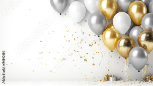 Celebration banner with silver and gold confetti and balloons, isolated on white background. Celebrate birthday template