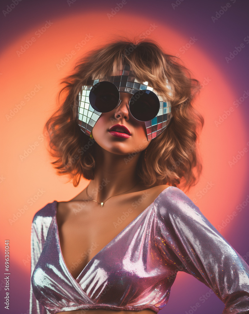 custom made wallpaper toronto digitalDisco styling glitter, disco ball. Futuristic but retro look, young people having fun the old fashioned way. Illustration. Generative AI.