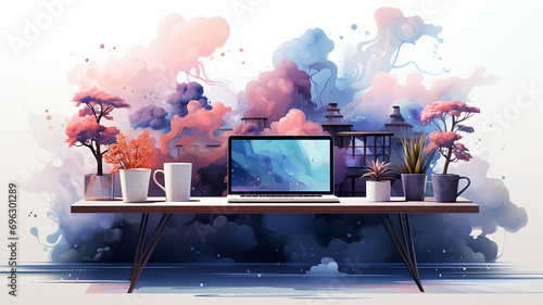 Flat Design Illustration, Web Design, Stylish Desk, White Background, Creative, Workspace, Design, Desktop Environment, Illustration, Generative AI