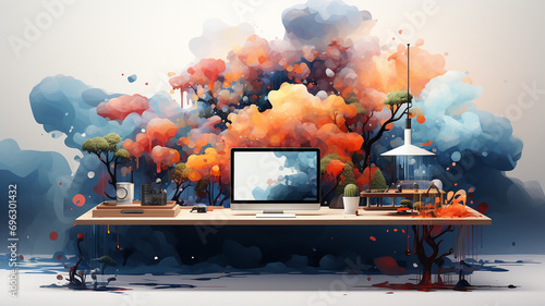 Flat Design Illustration, Web Design, Stylish Desk, White Background, Creative, Workspace, Design, Desktop Environment, Illustration, Generative AI