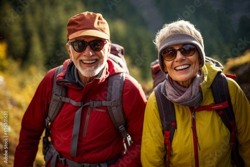 Happy senior couple hiking with trekking sticks and backpacks in young pine forest enjoying nature and having good time in their retirement