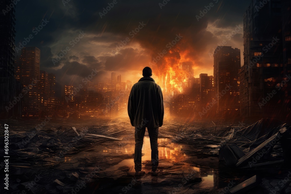 Fototapeta premium Eerie Man apocalypse city. Night disaster. Generate Ai