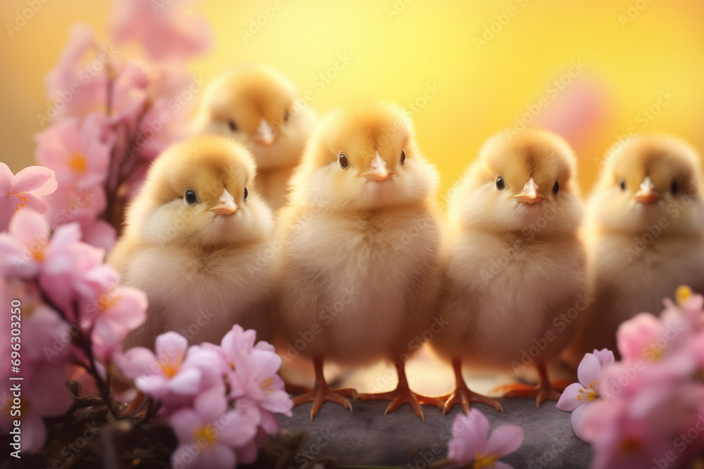 Easter background with yellow chicks and spring flowers. Easter background with yellow chicks and spring flowers.