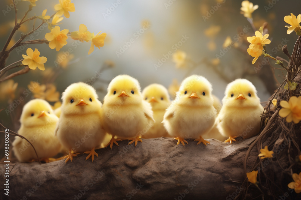 Easter background with yellow chicks and spring flowers.