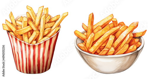 Set of French fries watercolor illustration fast food png isolated on a transparent background, clipart 