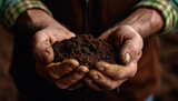 Farmer holding soil in hands close-up. Male hands touching soil on the field. Farmer is checking soil quality before sowing wheat. Agriculture, gardening or ecology concept
