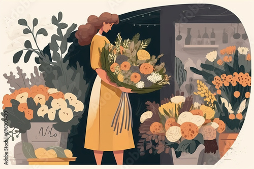 Cartoon illustration of Cheerful pretty young woman hold boquet of flowers over dark backround	