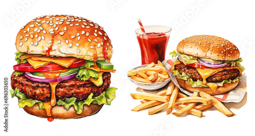 set burger and fries watercolor illustration fast food png isolated on a transparent background, clipart 