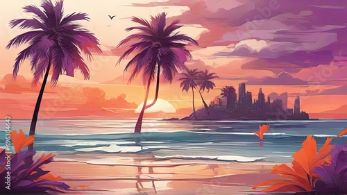 A Breathtakingly Realistic Sea Sunset Silhouetted Against Majestic Palm Trees.