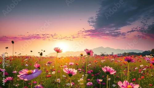 Beautiful and amazing cosmos flower field landscape in sunset
