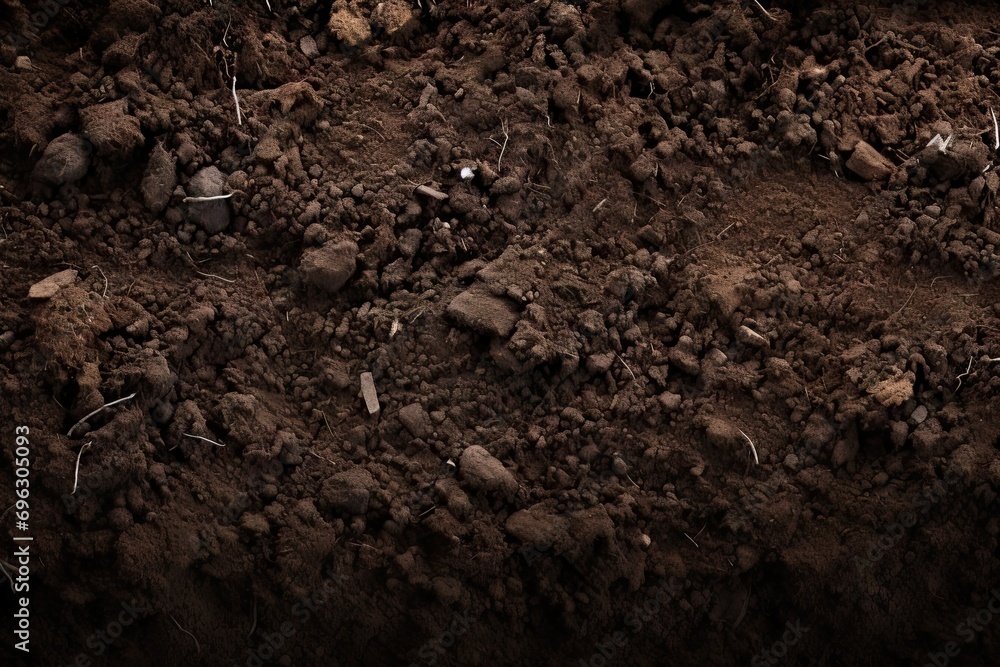 Close up exploration of nature captures raw beauty of ground beneath feet. Rich brown tones speak to essence of soil symbolizing fertility and potential for growth Close up exploration of nature captures raw beauty of ground beneath feet. Rich brown tones speak to essence of soil symbolizing fertility and potential for growth