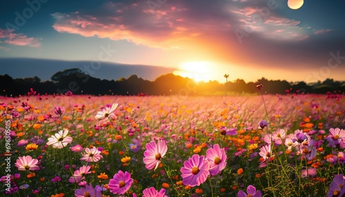 Beautiful and amazing cosmos flower field landscape in sunset #696305015