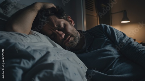 Man having headache while lying on bed in her bedroom at home