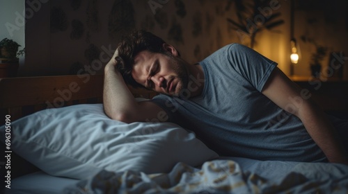 Man having headache while lying on bed in her bedroom at home