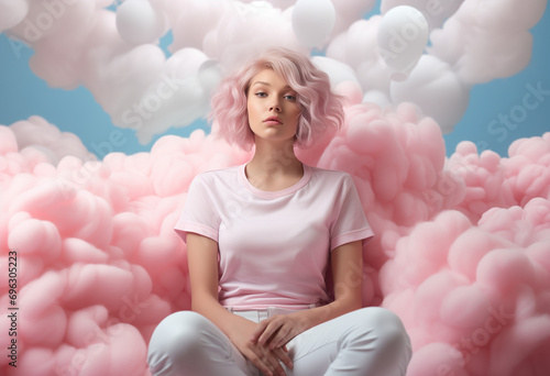 Wallpaper Mural A young, beautiful girl who is in the clouds, thick white clouds on clear blue sky. A symbol of happiness, joy and freedom, a cute girl in a pastel outfit. Generative AI. Torontodigital.ca
