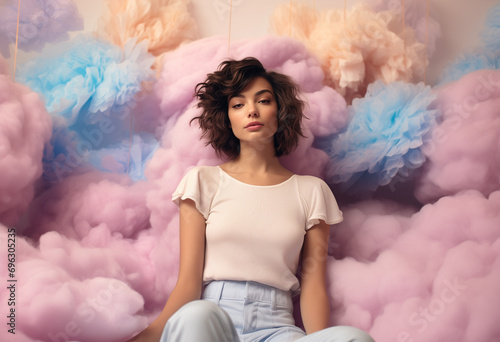 Wallpaper Mural A young, beautiful girl who is in the clouds, thick white clouds on clear blue sky. A symbol of happiness, joy and freedom, a cute girl in a pastel outfit. Generative AI. Torontodigital.ca