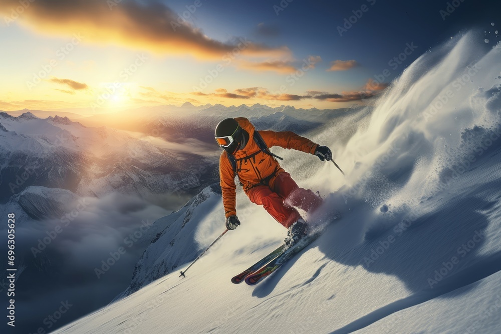Scenic Person ski resort. Sky nature tourism. Generate AI Scenic Person ski resort. Sky nature tourism. Generate AI