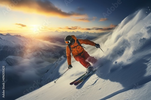 Scenic Person ski resort. Sky nature tourism. Generate AI photo