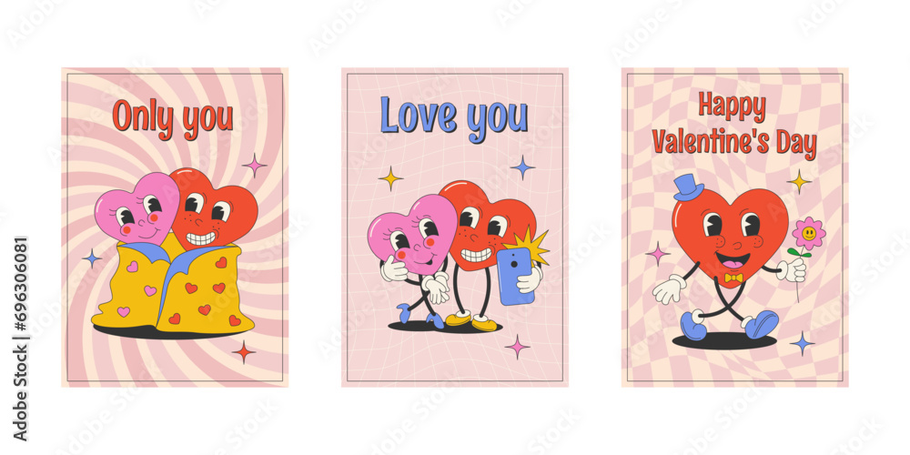Heart shaped cartoon character in groovy style. Set of greeting cards. Valentine's Day. Retro 70s, 80s.Stock vector illustration.