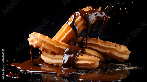 Churros, a dessert with traditional Mexican or Spanish roots, are presented in a levitated state with accompanying splashes and drops of chocolate. generative AI