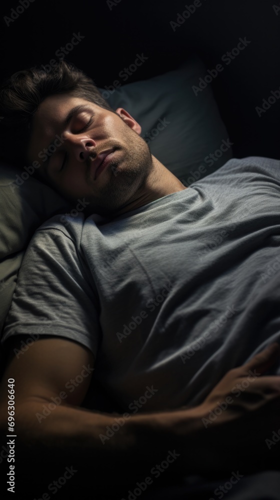 Man sleeping on soft pillow in bed at home Man sleeping on soft pillow in bed at home