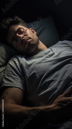 Man sleeping on soft pillow in bed at home