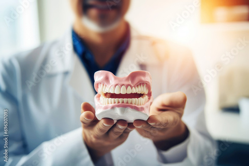 dentist doctor holds in his hands a model of a human jaw close-up photo