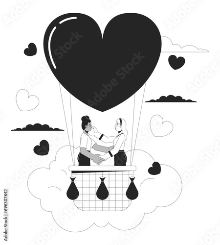 Proposing in hot air ballooning black and white 2D illustration concept. Lesbian couple interracial cartoon outline characters isolated on white. Honeymoon celebration metaphor monochrome vector art