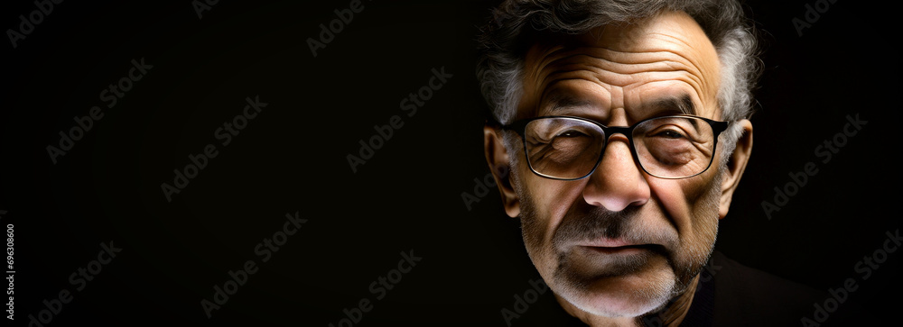 Portrait of a senior man with eyeglasses on a black background with copy space, Looking at the camera. Generative Ai.