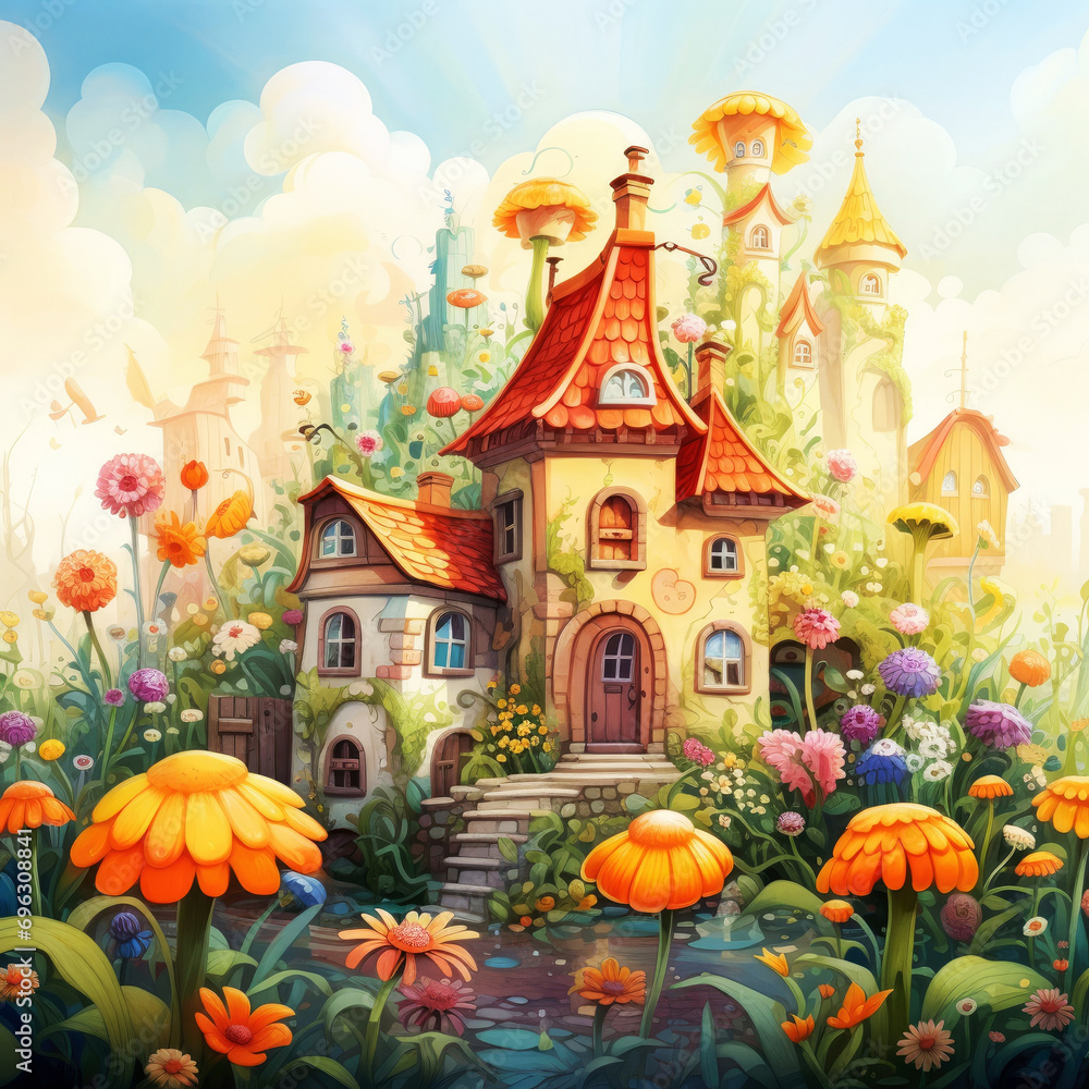 Illustration of a fairytale house, bright fantastic flowers. A picture for a children's fairy tale