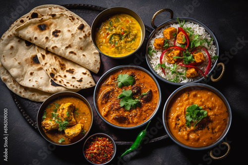 Traditional Indian dishes Chicken tikka masala, palak paneer, saffron rice, lentil soup, pita bread and spices. photo