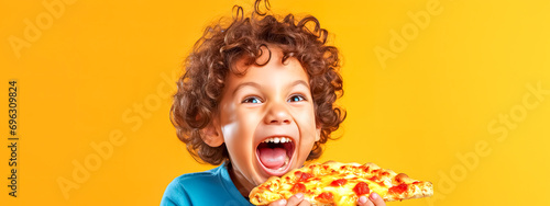 kid eating pizza with a happy expression on his face, yellow banner
