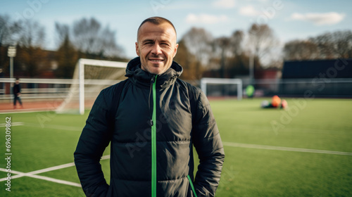 Portrait of a soccer coach, with a soccer field in the background 