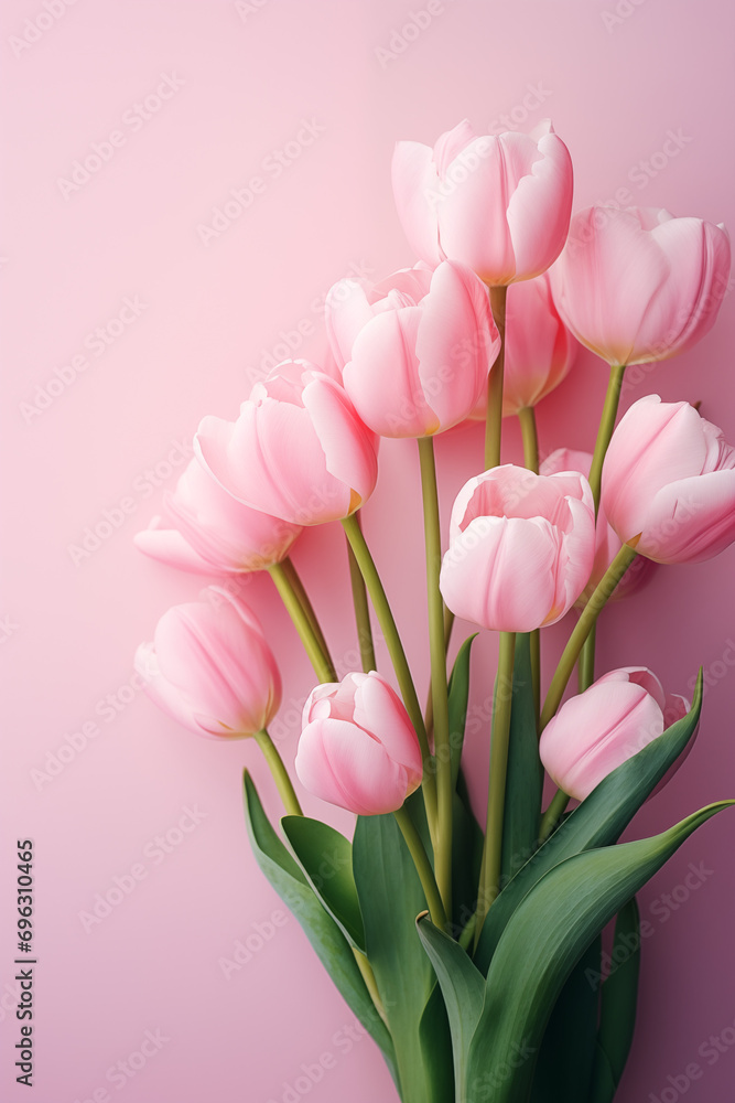 Flowers composition with roses and peonies on flat lay light pink background with copy space Flowers composition with roses and peonies on flat lay light pink background with copy space