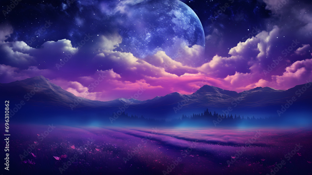 Fantasy lavender field under a dark sky with bright