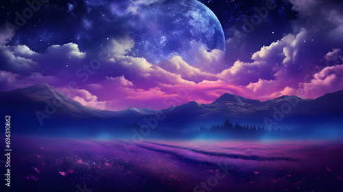 Fantasy lavender field under a dark sky with bright
