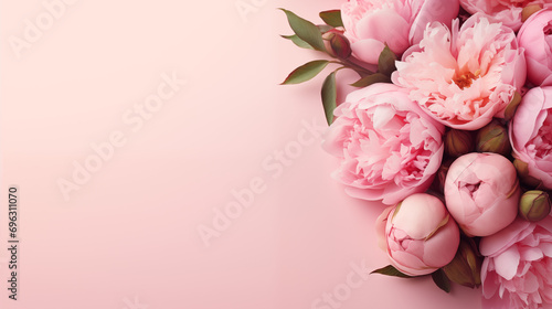 Fototapeta Naklejka Na Ścianę i Meble -  Flowers composition with roses and peonies on flat lay light pink background with copy space